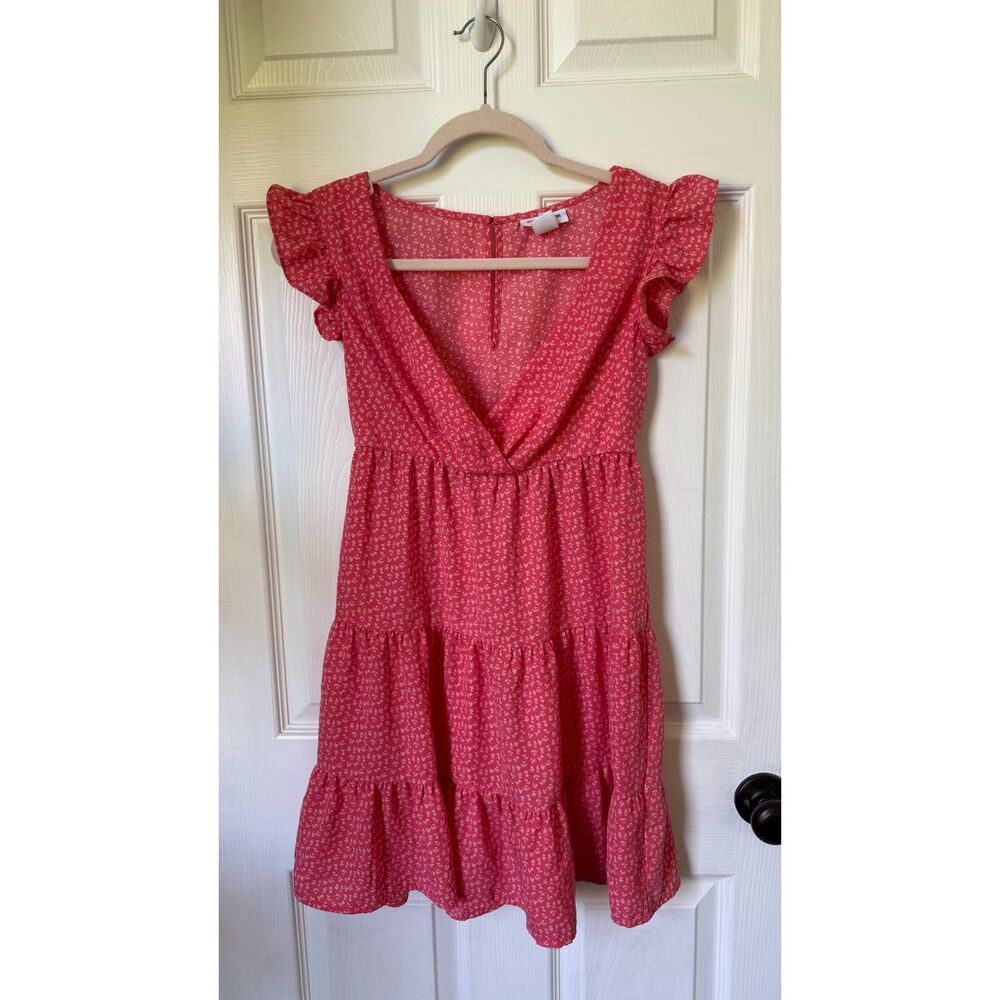 Pink Floral Print V Neck Dress